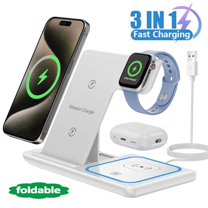 LED Fast Wireless Charger Stand 3 in 1 Foldable Charging Station For iPhone17/16/15/14Apple Watch 9 8 7 6 5 Airpods Pro