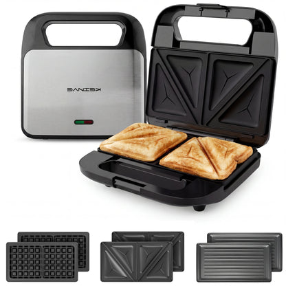 3-in-1 Sandwich Maker, Panini Press & Waffle Iron - Indoor & Outdoor Electric Grill with Removable Non-Stick Plates, 750W