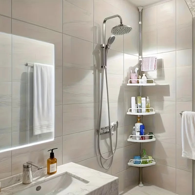 Corner Shower Rack with Tension Rod - Rustproof Bathtub Storage Shelf, 4 Adjustable Shelves for Bathroom Storage & Essentials