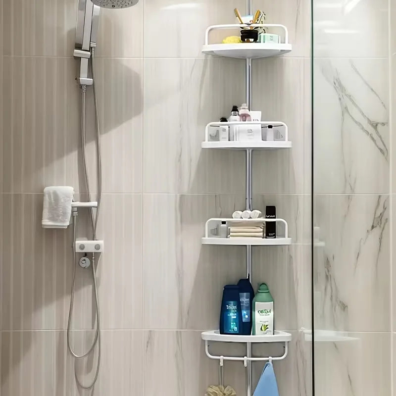 Corner Shower Rack with Tension Rod - Rustproof Bathtub Storage Shelf, 4 Adjustable Shelves for Bathroom Storage & Essentials