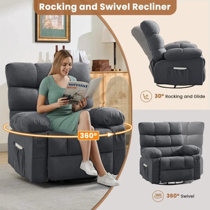 Swivel Rocker Recliner Chair for Adults, 360° Upholstered Manual Recliners for Small Spaces, Single Seat Glider, Customized