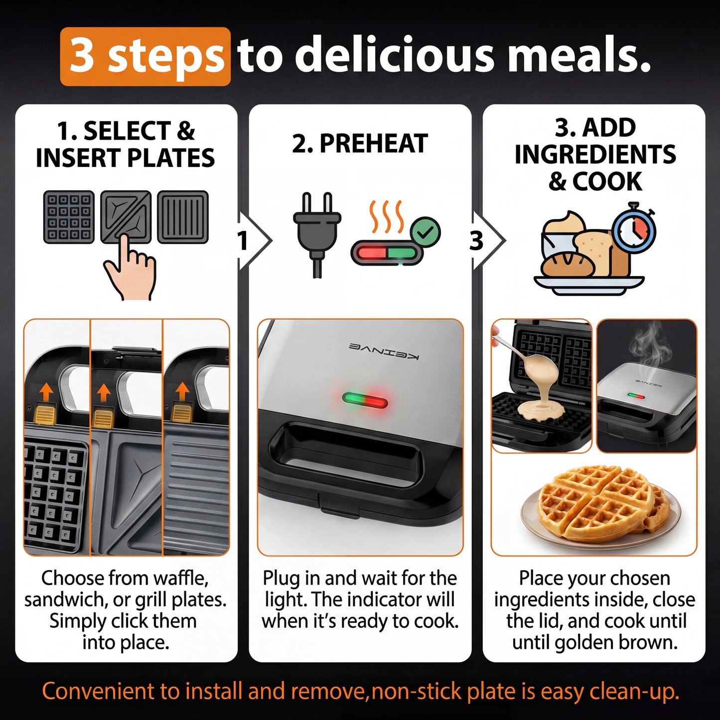 3-in-1 Sandwich Maker, Panini Press & Waffle Iron - Indoor & Outdoor Electric Grill with Removable Non-Stick Plates, 750W