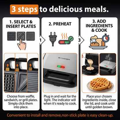 3-in-1 Sandwich Maker, Panini Press & Waffle Iron - Indoor & Outdoor Electric Grill with Removable Non-Stick Plates, 750W