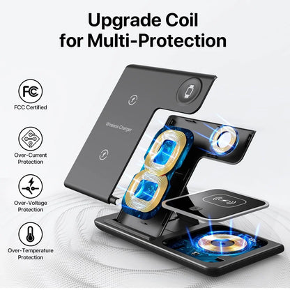 LED Fast Wireless Charger Stand 3 in 1 Foldable Charging Station For iPhone17/16/15/14Apple Watch 9 8 7 6 5 Airpods Pro