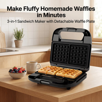 3-in-1 Sandwich Maker, Panini Press & Waffle Iron - Indoor & Outdoor Electric Grill with Removable Non-Stick Plates, 750W