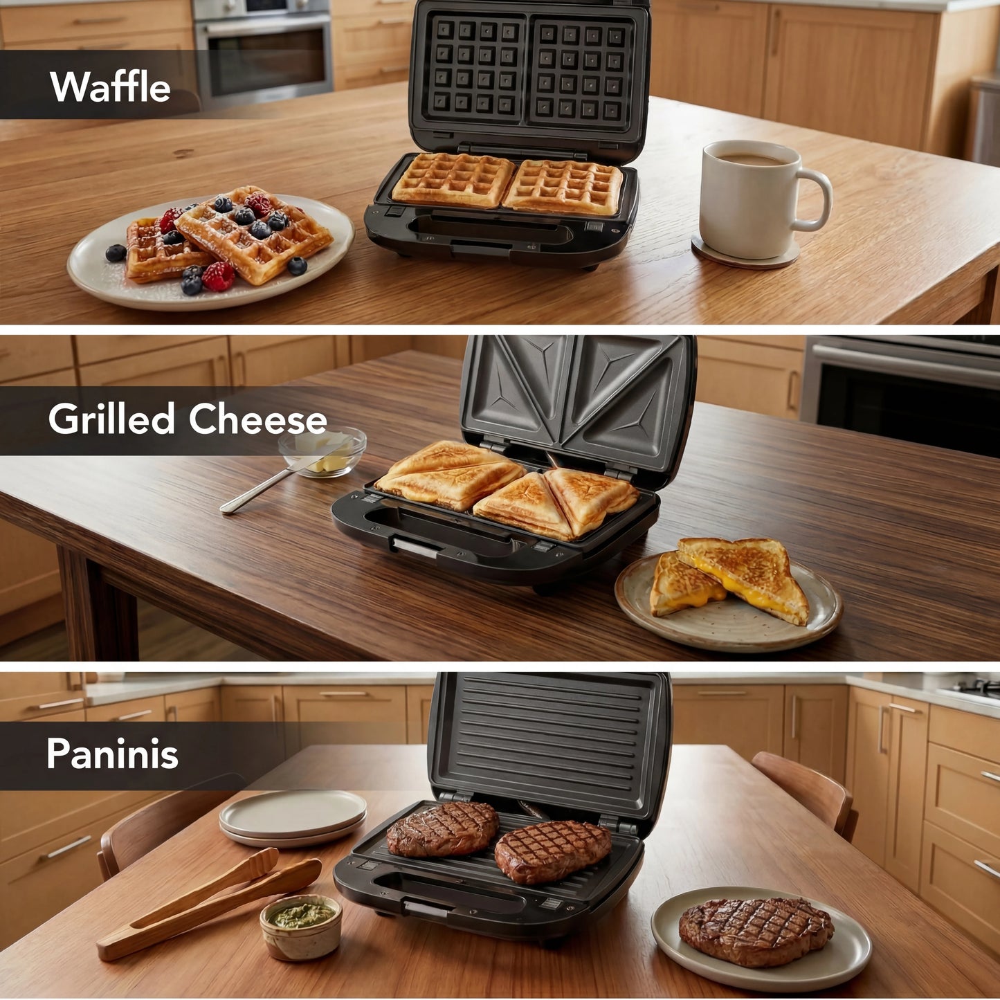 3-in-1 Sandwich Maker, Panini Press & Waffle Iron - Indoor & Outdoor Electric Grill with Removable Non-Stick Plates, 750W