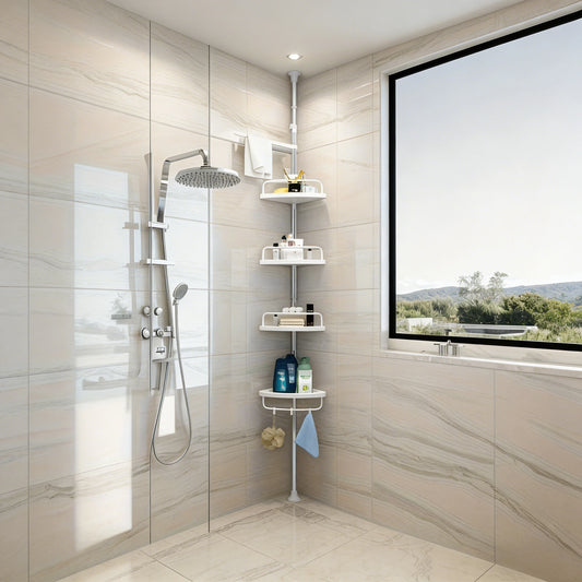 Corner Shower Rack with Tension Rod - Rustproof Bathtub Storage Shelf, 4 Adjustable Shelves for Bathroom Storage & Essentials